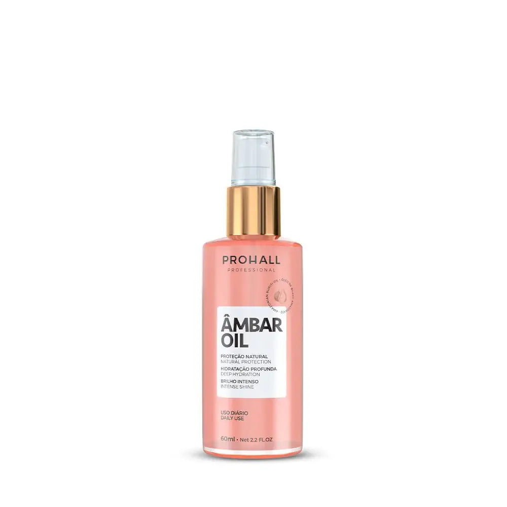 Pink bottle of Prohall Ambar Oil on a white background