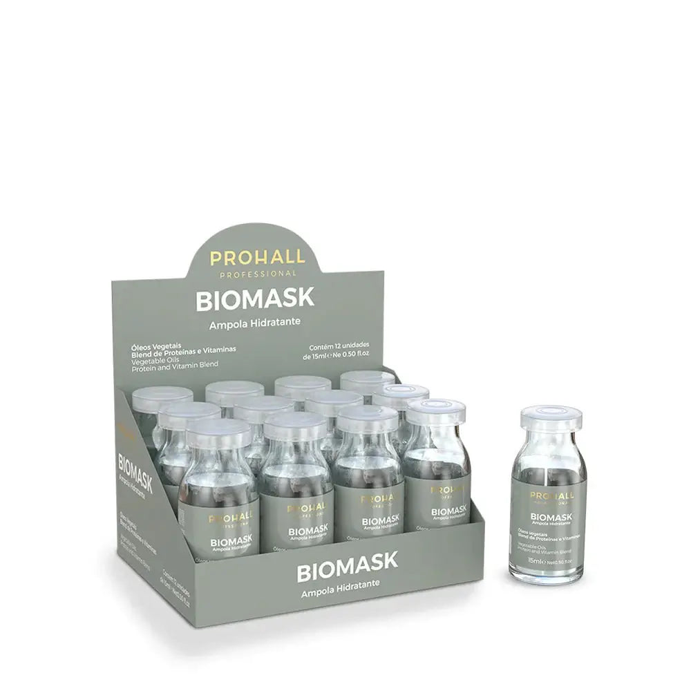Display box of Prohall Biomask ampoules with individual bottles on a white background