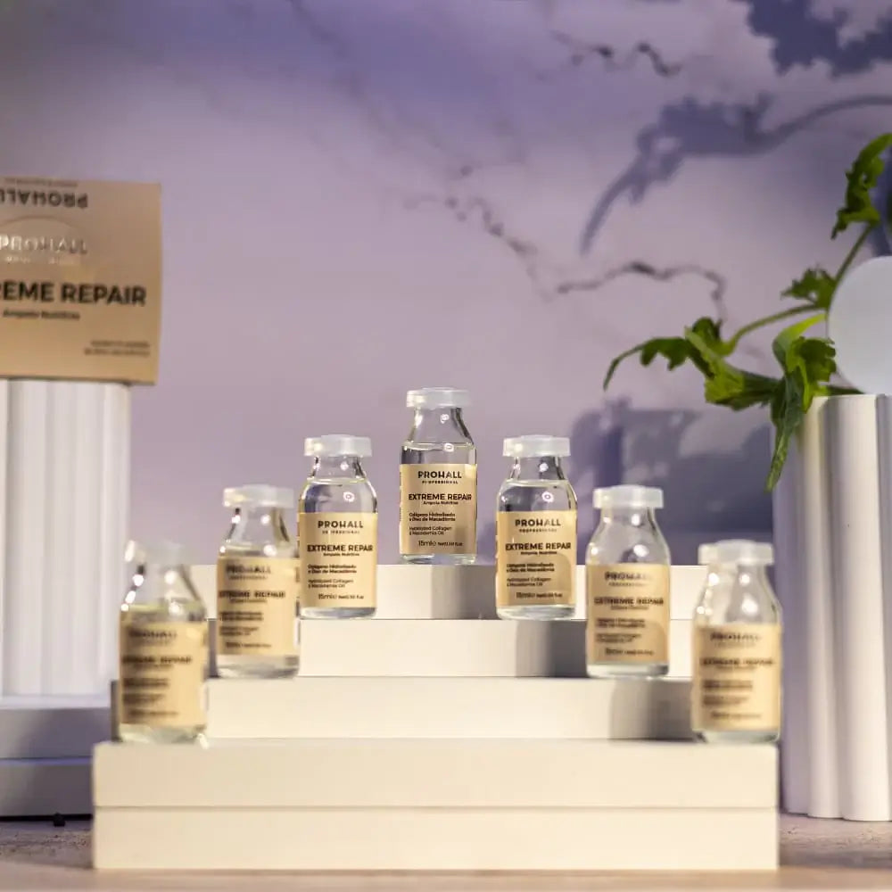 Promall skincare product bottles on a display stand with a blurred background