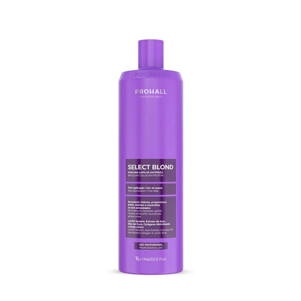 Purple bottle of Prohall Select Blond hair product on a white background