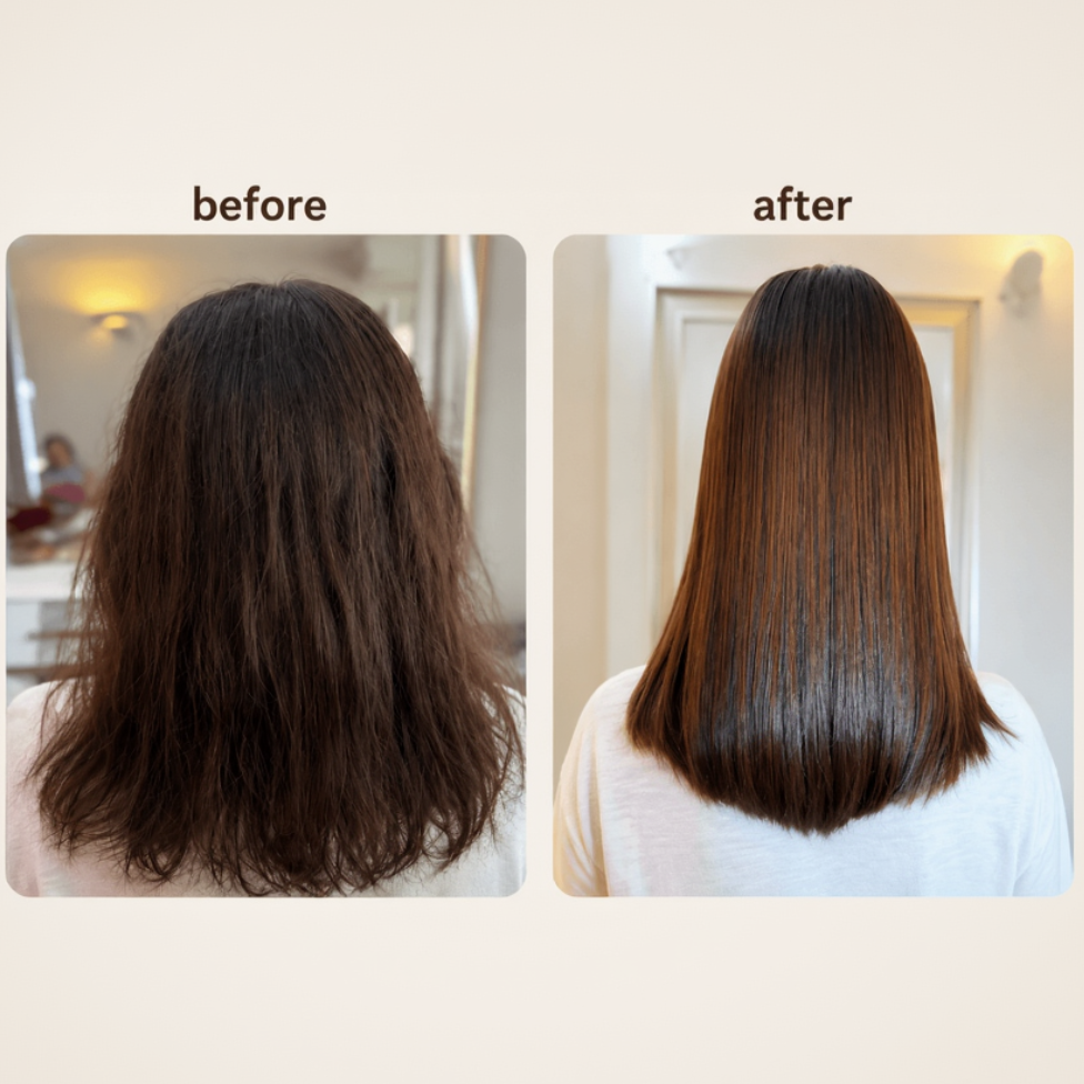 Before and after comparison of hair treatment showing a person with straightened, smoother hair.