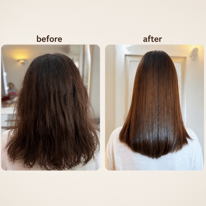 Before and after comparison of hair treatment showing a person with straightened, smoother hair.