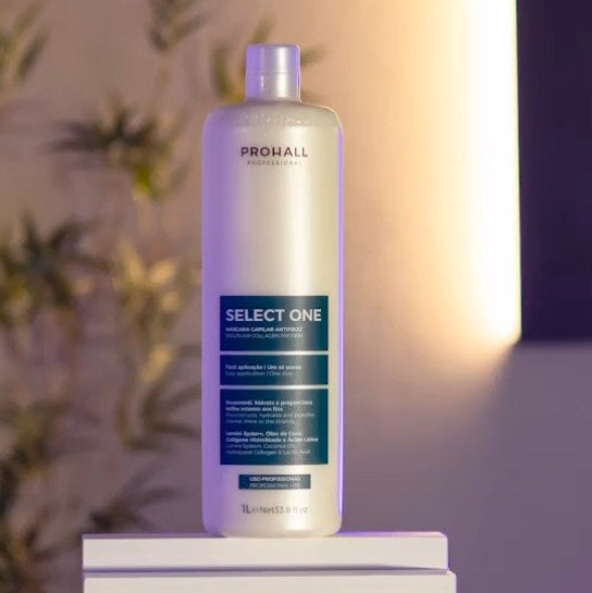 Shampoo bottle labeled 'Select One' on a stack of books with a blurred indoor background