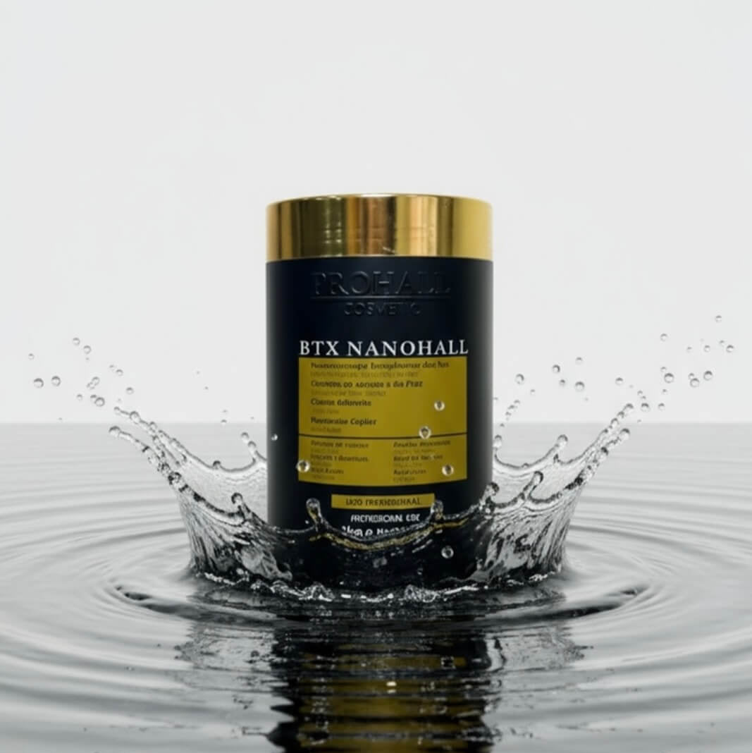 Cosmetic container labeled 'BTX NANOHALL' splashing into water on a light gray background