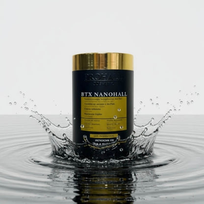 Cosmetic container labeled 'BTX NANOHALL' splashing into water on a light gray background