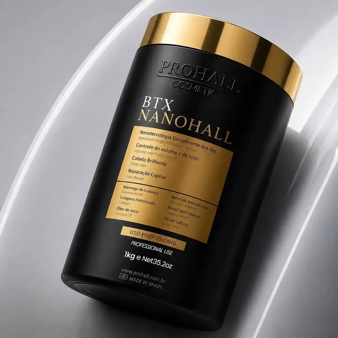 Black and gold cosmetic jar labeled 'BTX NANOHALL' on a reflective surface