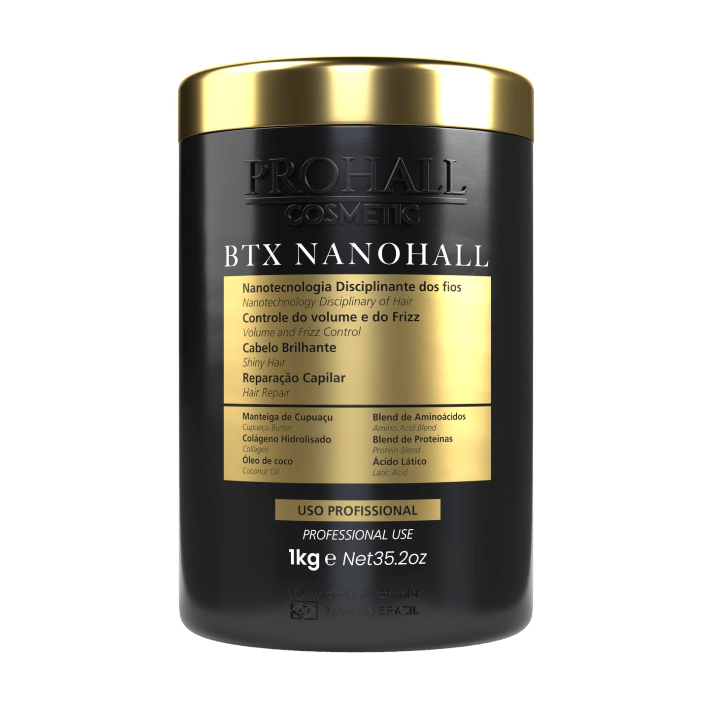 Black and gold container of Prohall Cosmetics BTX Nanohall on a white background