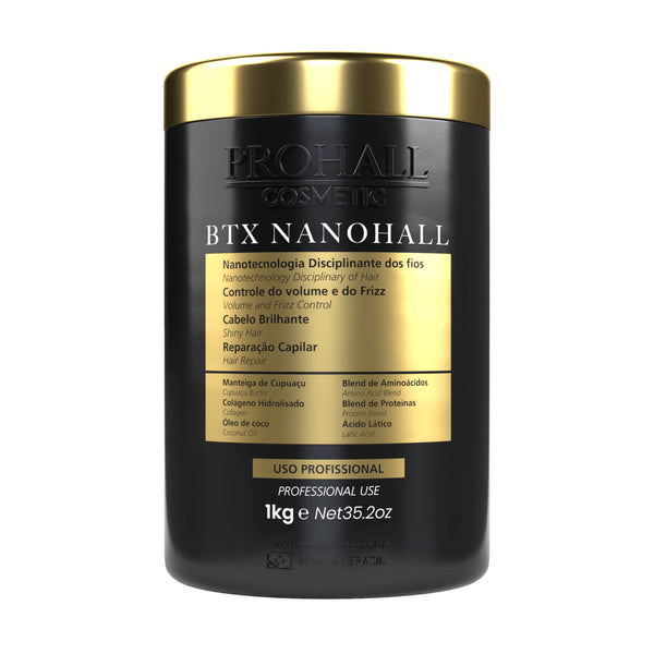 Black and gold container of Prohall Cosmetics BTX Nanohall on a white background