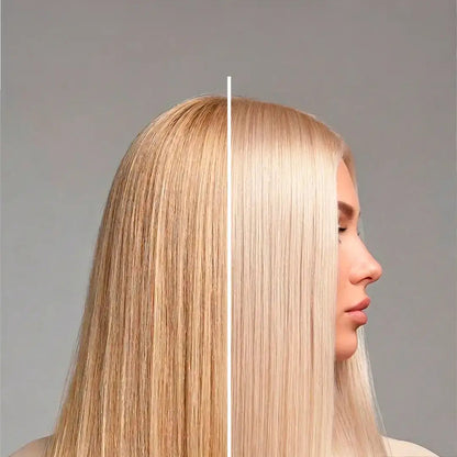 Side-by-side comparison of a woman with straight blonde hair against a gray background