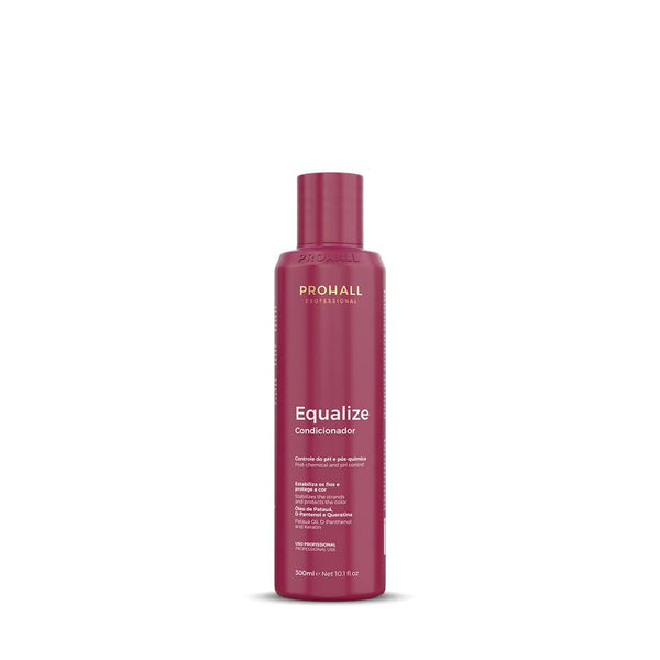 Maroon bottle of Prohall Equalize conditioner on a white background Neutralising and hair pH balancing conditioner