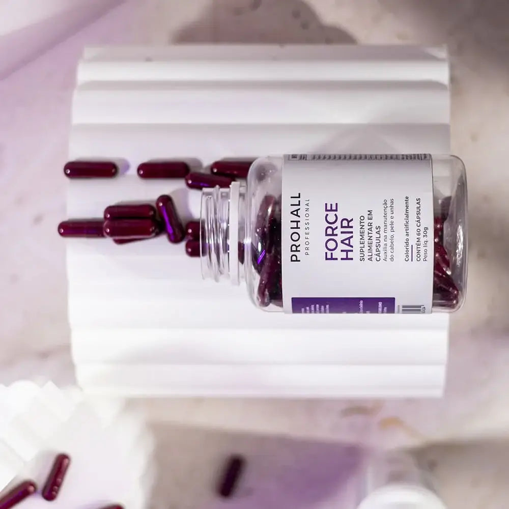 Bottle of Prohall Force Hair supplement with capsules on a light background