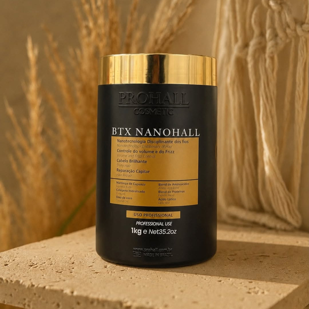Black and gold container labeled 'BTX NANOHALL' on a stone surface with decorative elements in the background.