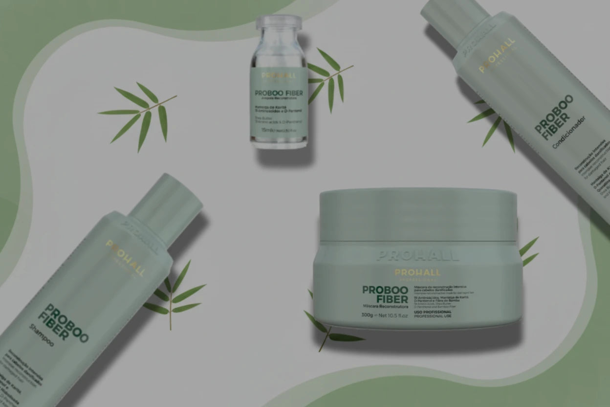 ProBoo Fiber hair care products on a green and white background with bamboo leaves.