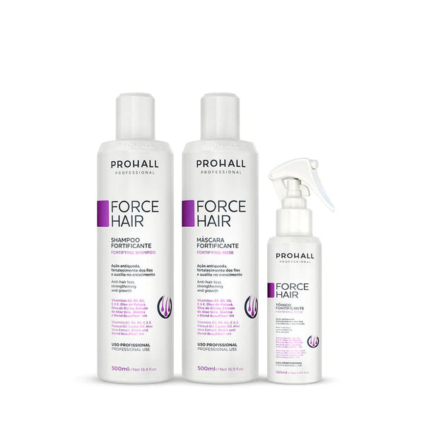Prohall Force Hair shampoo, mask, and spray tonic bottles on a white background. product set for hair growth and strength. Kit for stronger and longer hair
