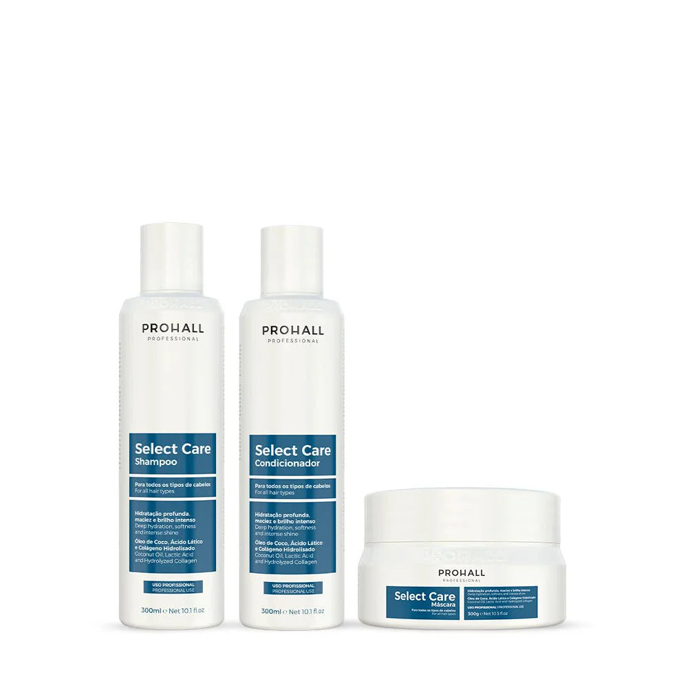 Prohall Select Care shampoo, conditioner, and mask on a white background. Hair set for maintenance and natural shine