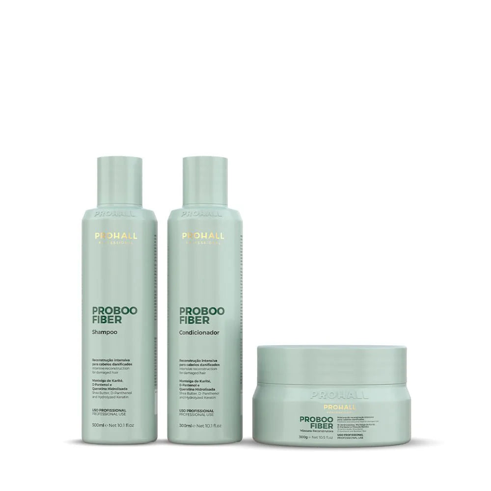 Probooo Fiber shampoo, conditioner, and mask set on a white background, kit for hair reconstruction, set for damaged and breaking hair, intense hair recovery