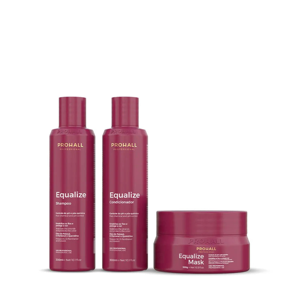 PROHALL Equalize hair care product set with shampoo, conditioner, and mask on a white background. Set for hair ph balancing and chemical repair