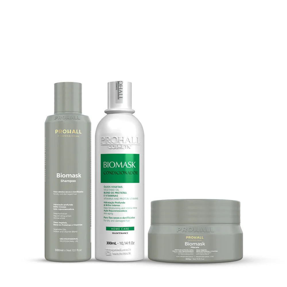 Three Prohall Biomask hair care products on a white background, set with biomask shampoo conditioner and mask. Best product for hair shine and natural smooth