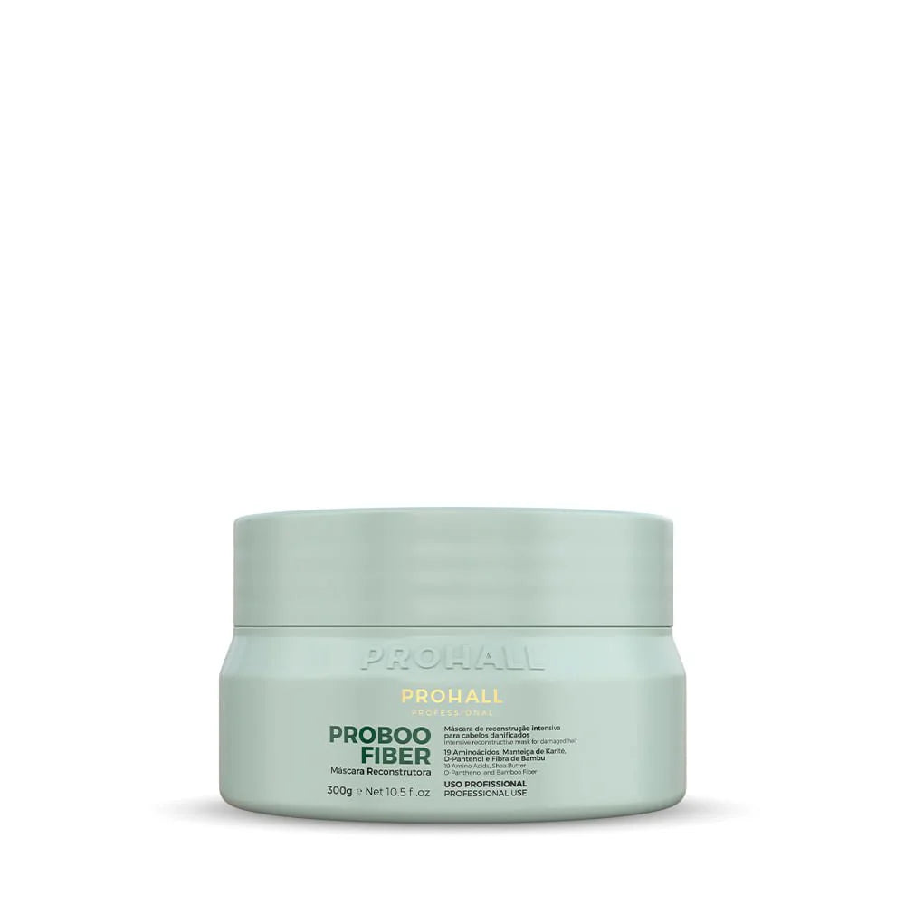 Mint green jar of Prohall ProBooo Fiber on a white background Hydrating mask for hair Reconstruction pefect for damaged hair