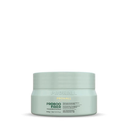 Mint green jar of Prohall ProBooo Fiber on a white background Hydrating mask for hair Reconstruction pefect for damaged hair