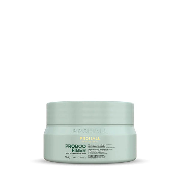 Mint green jar of Prohall ProBooo Fiber on a white background Hydrating mask for hair Reconstruction pefect for damaged hair