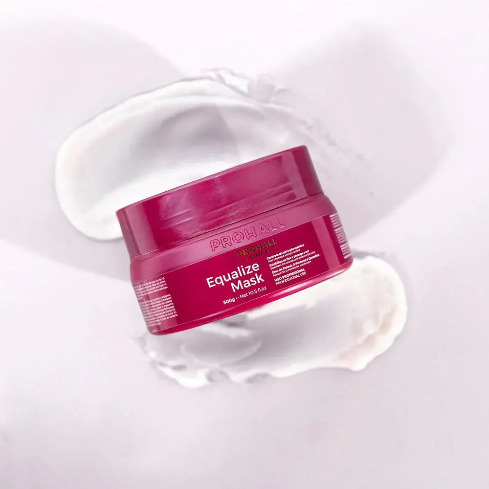 Red jar of ProHair Equalize Mask on a white background