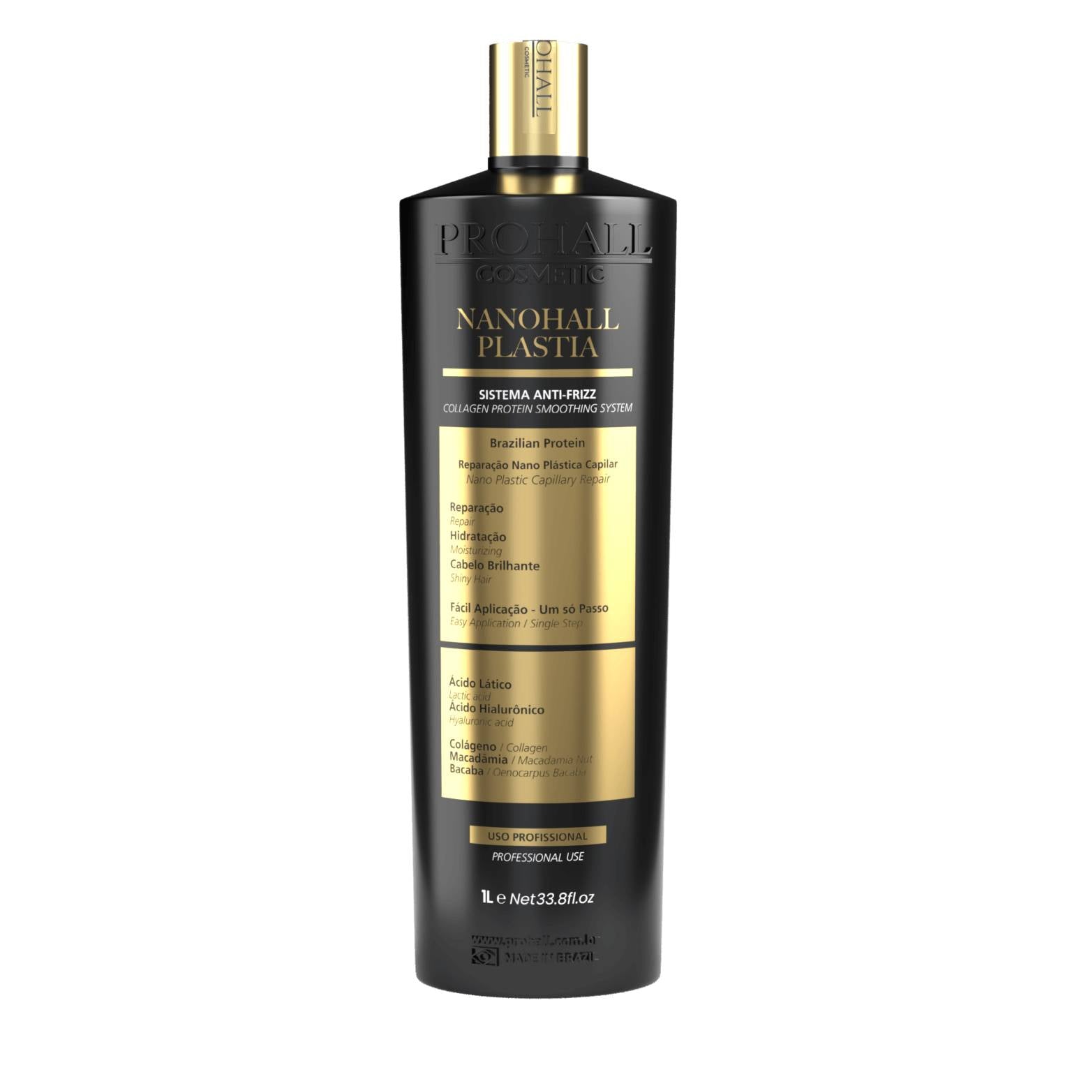 Black and gold bottle of Nanohair Plastia on a white background