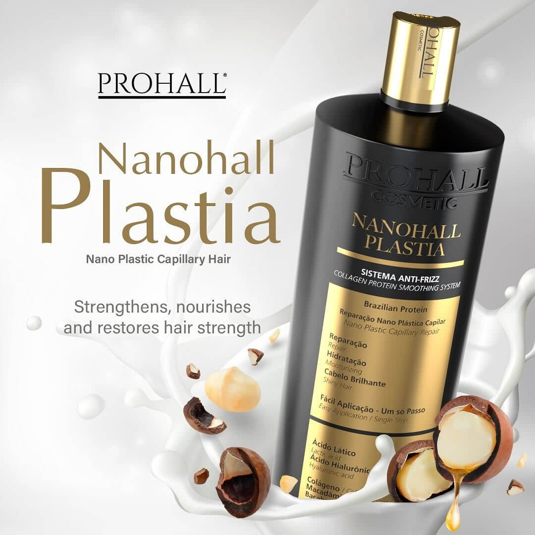 Prohall Nanohall Plastia hair care product with ingredients and benefits on a white background