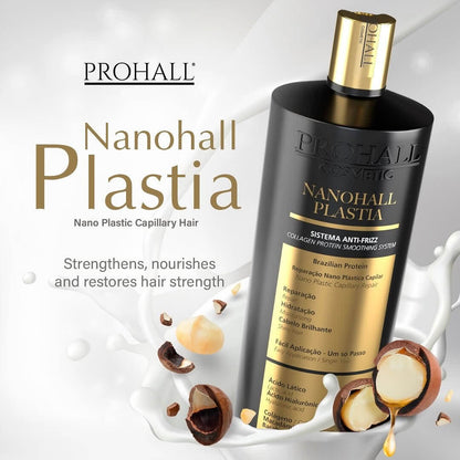Prohall Nanohall Plastia hair care product with ingredients and benefits on a white background