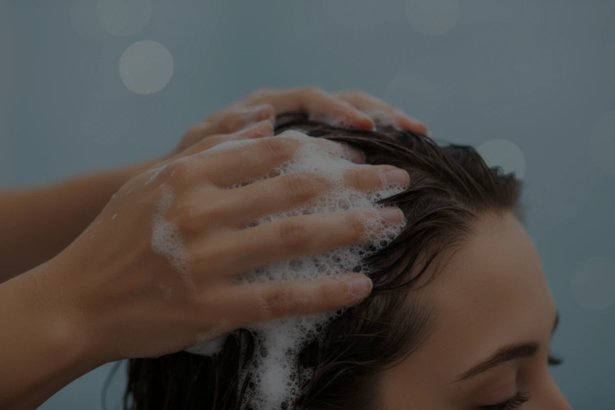 Person washing hair with soapy hands against a blurred background