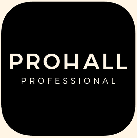 Black square with 'PROHALL PROFESSIONAL' text on a beige background