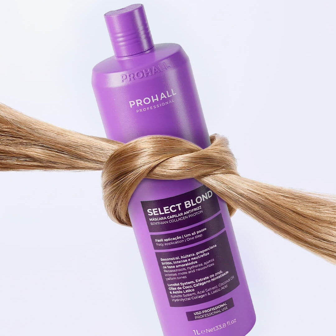 Purple bottle of Prohall Select Blond hair product wrapped around a strand of blonde hair on a white background