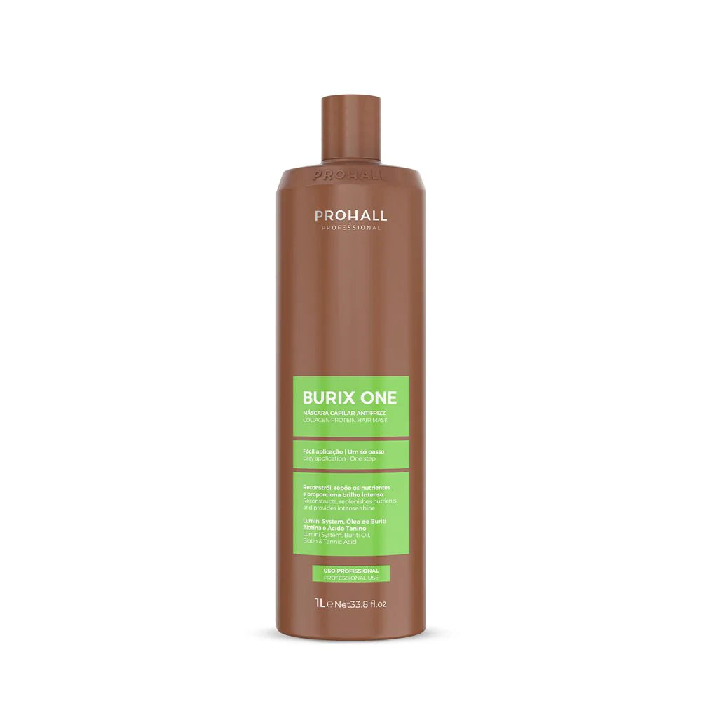 Brown bottle of Prohall Burix One on a white background Organic vegan professional hair straightning and realignment