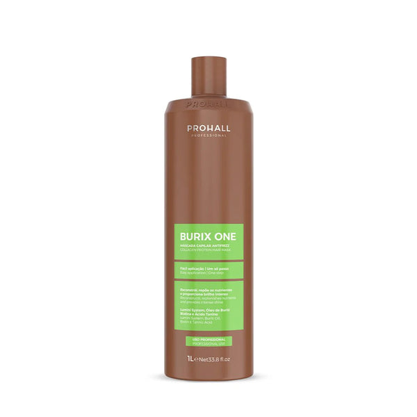 Brown bottle of Prohall Burix One on a white background Organic vegan professional hair straightning and realignment
