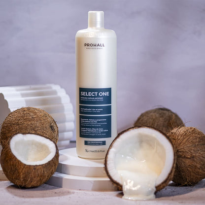 Prohall Select One bottle with coconuts on a neutral background