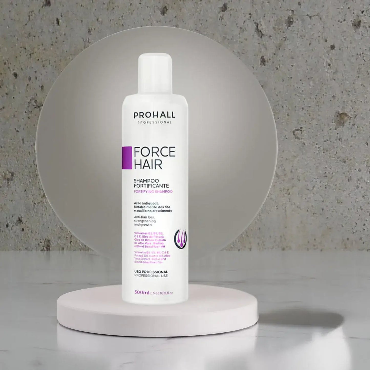 Prohall Force Hair shampoo bottle on a round white platform with a gray textured background