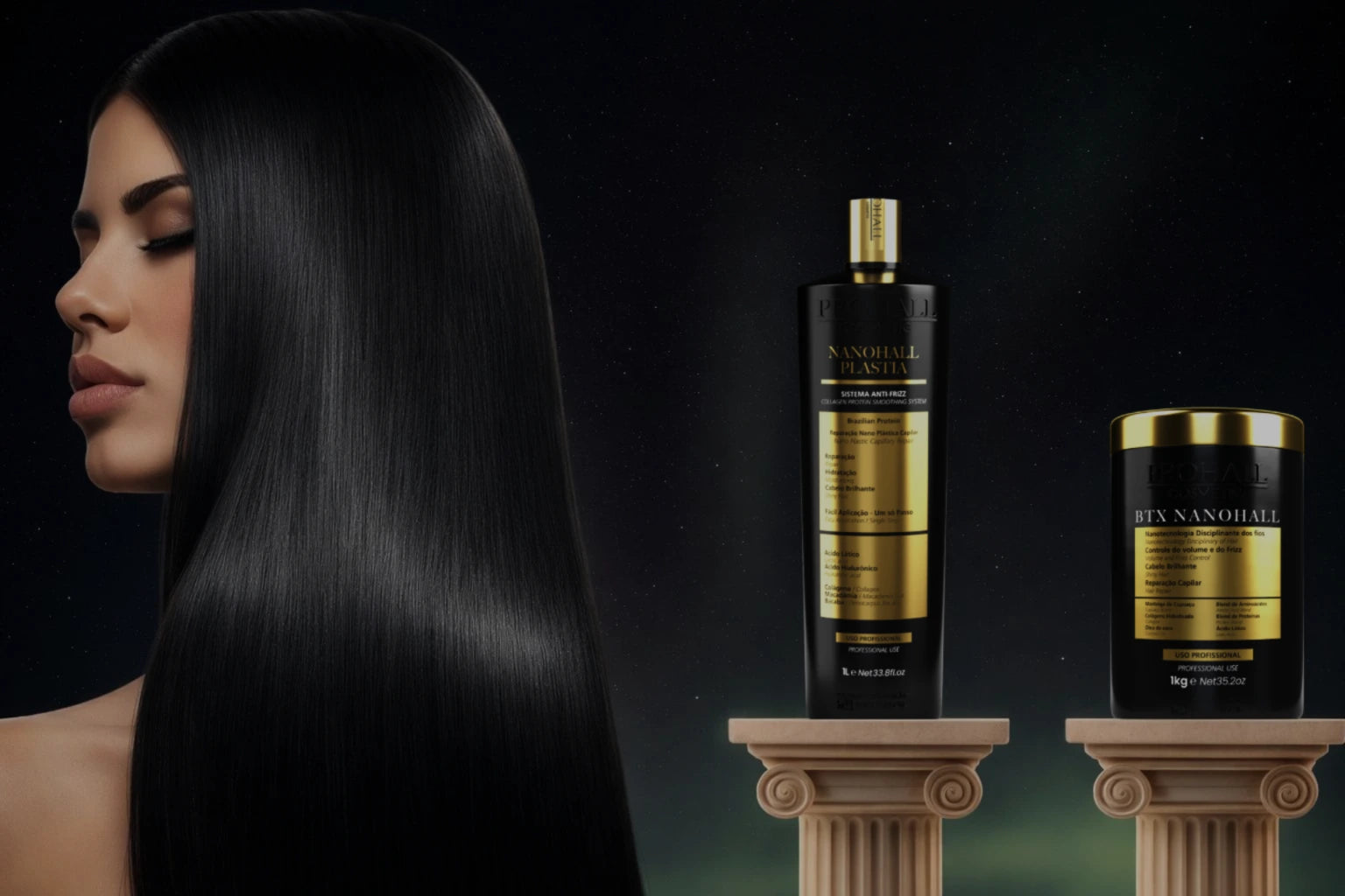 Woman with long black hair and RTX Nanohenal hair care products on a dark background
