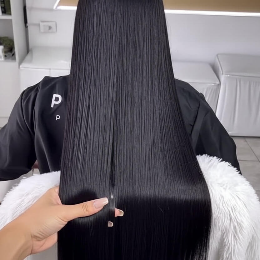 Person holding a long black hair extension with a blurred indoor background