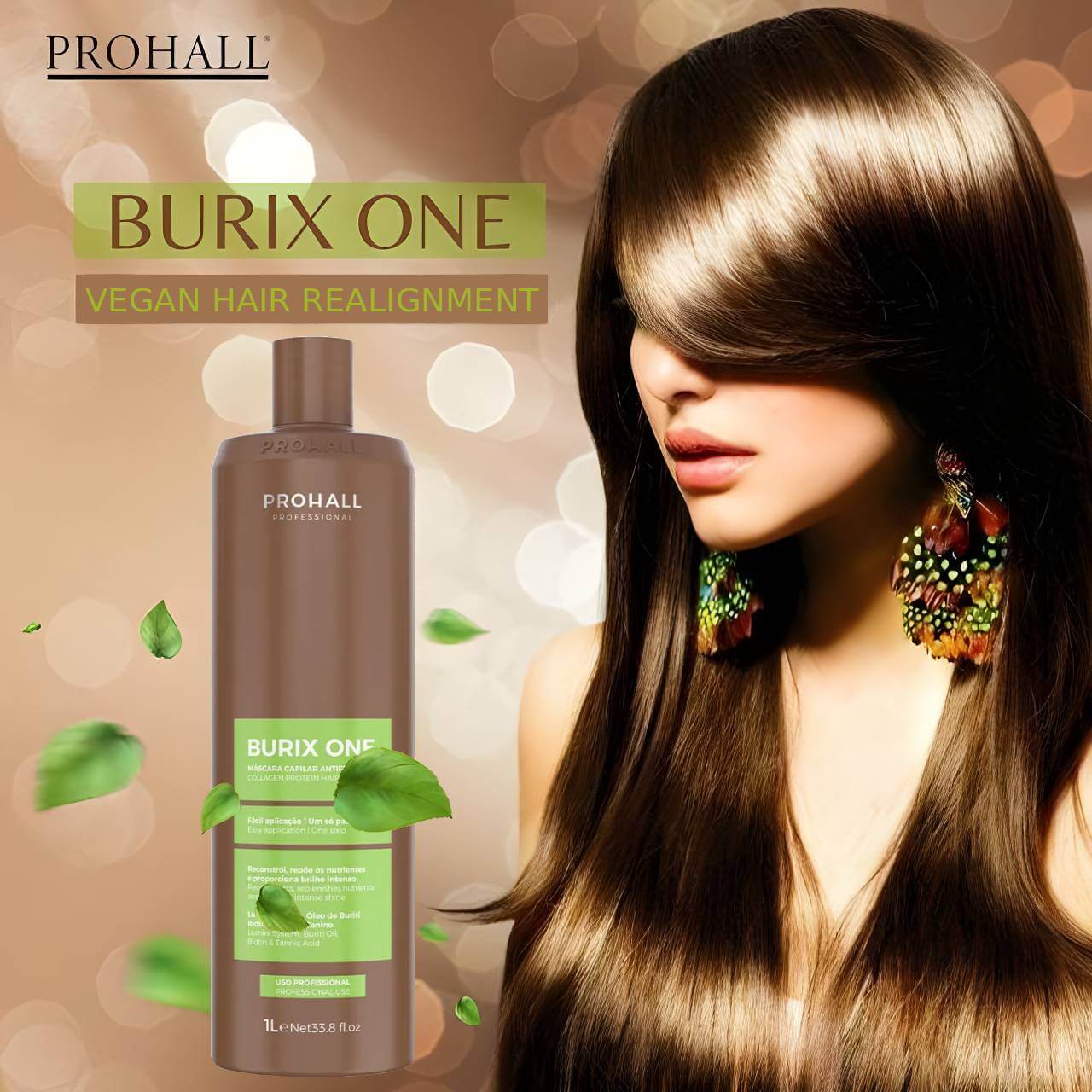 Prohall Burix One vegan hair realignment product with a model displaying long hair on a blurred background.