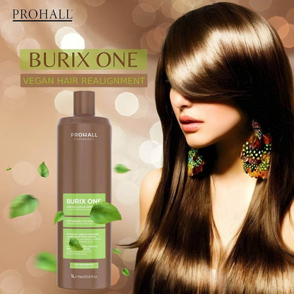 Prohall Burix One vegan hair realignment product with a model displaying long hair on a blurred background.